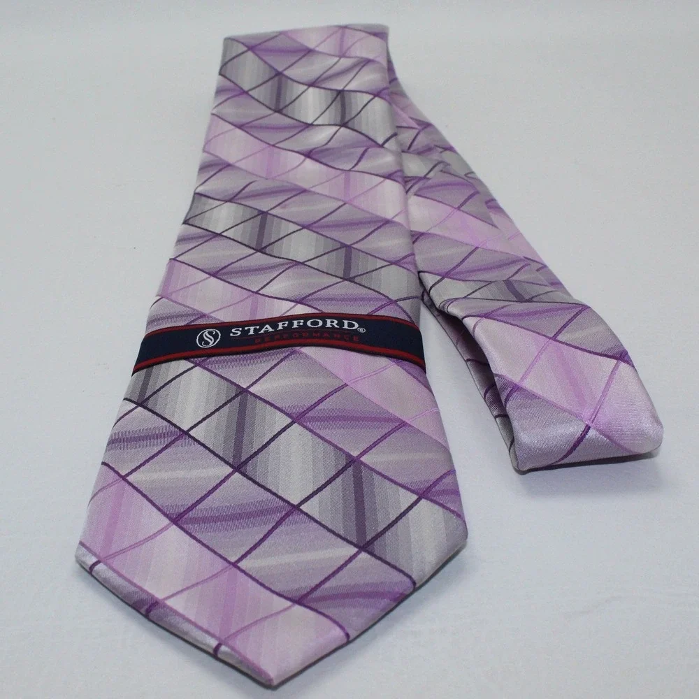 Stafford Performance Mens Silk Tie Purple Violet Geometric Diamond Grid NEW